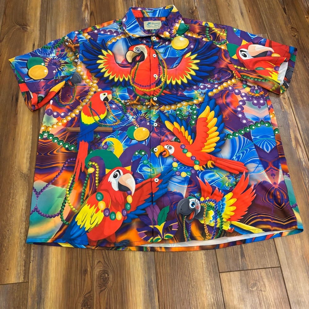 Royaura Hawaiian Shirt XXL Mens Mardi Gras Parrot Beads Tropical Party Colorful